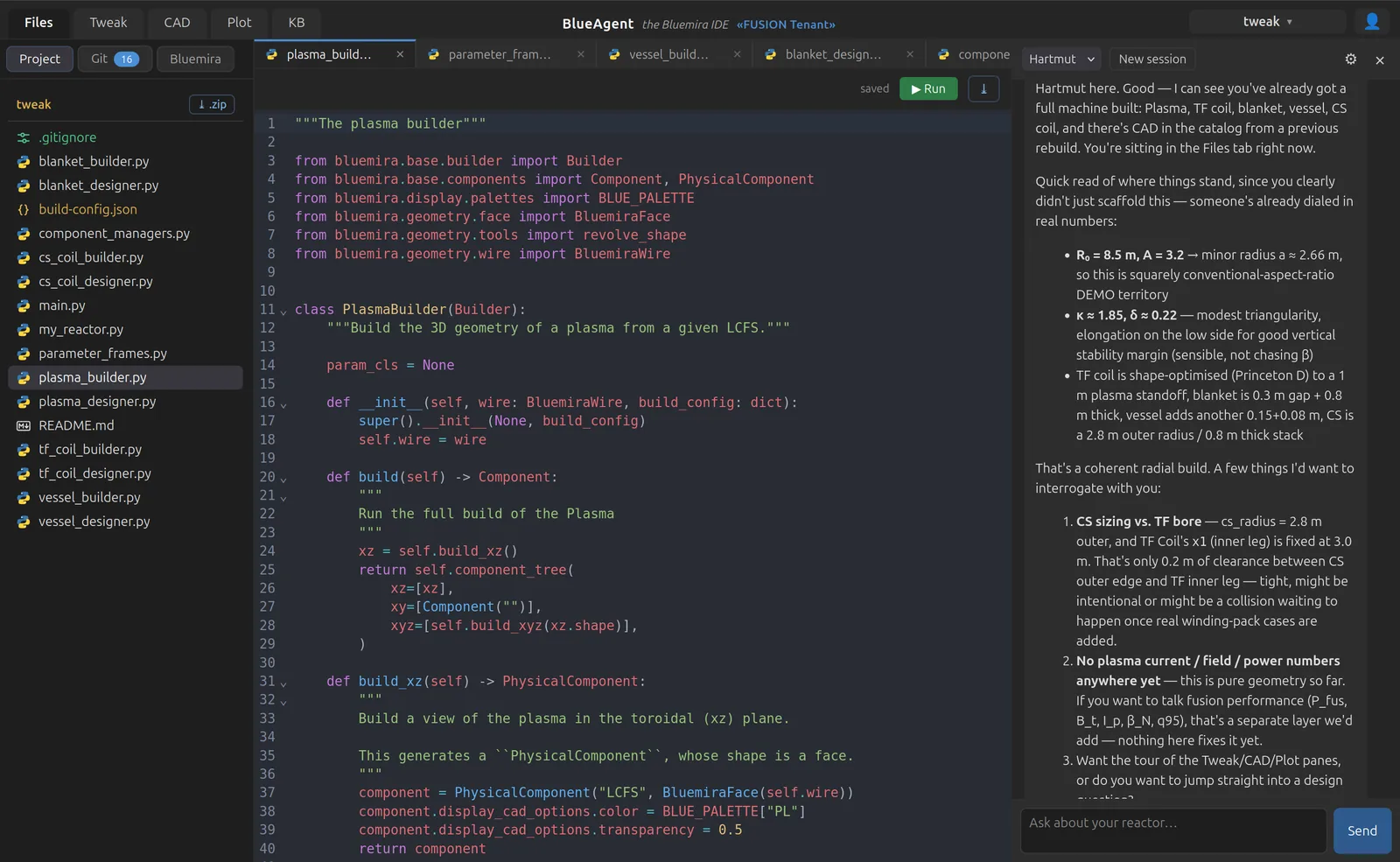 The Files view: the plasma builder’s Python in the editor, and on the right the agent reading the radial build and flagging the tight CS–TF clearance.
