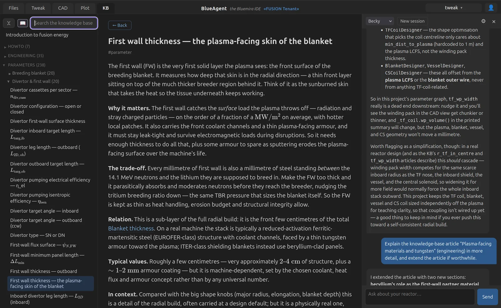 The knowledge base open on a first-wall article, with the agent explaining and extending the article in the panel beside it.