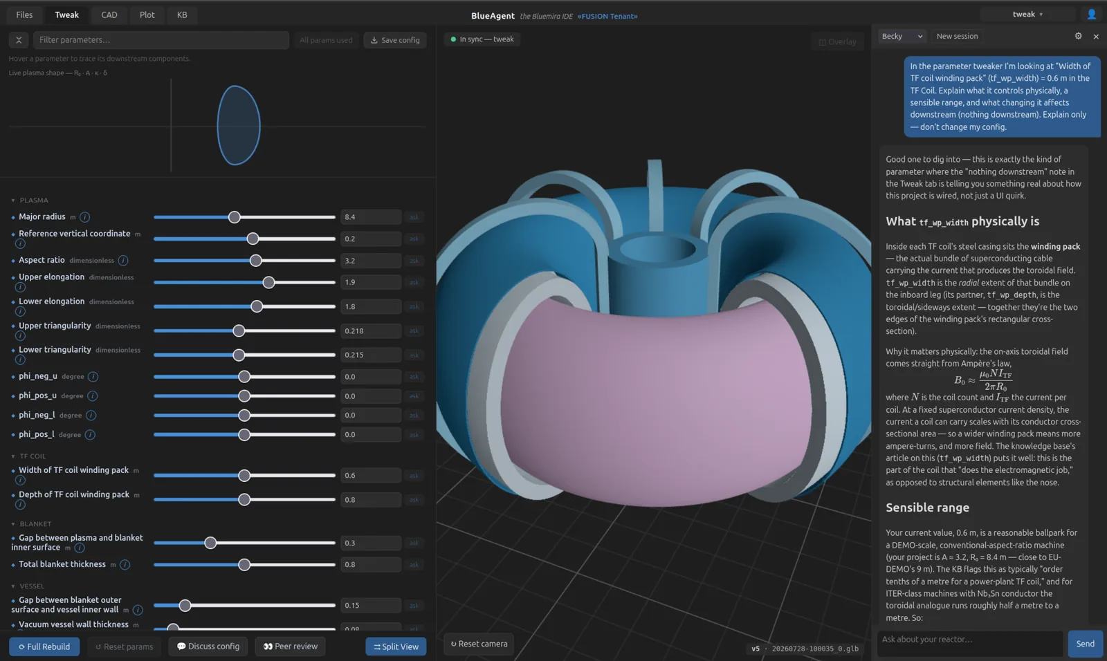 The Tweak view: plasma and build parameters as sliders on the left, the cut-open machine in 3D in the middle, and on the right the agent explaining a winding-pack parameter.